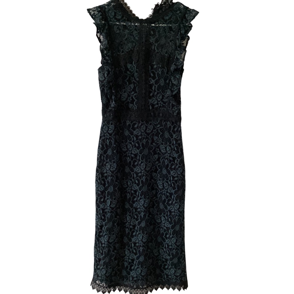 ZARA BASIC Lace Midi Dress Black Teal‎ Floral Scalloped Hem Cocktail Party Sz S